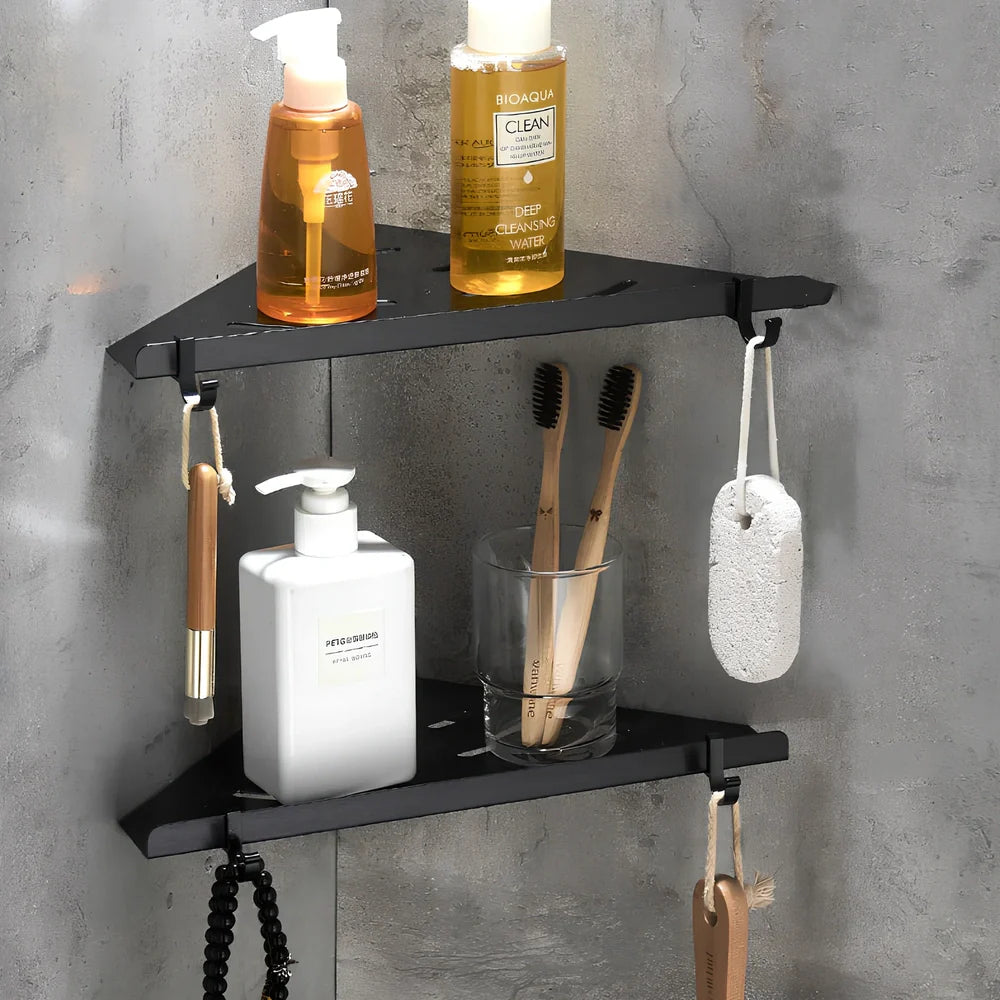 Black space aluminium triangle floating bathroom shelf, 30cm wide single or double layer wall mount for storage