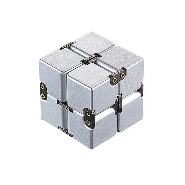 Zinc alloy Infinity Cube with eight rotating cubes showing black and silver colour options on wooden surface