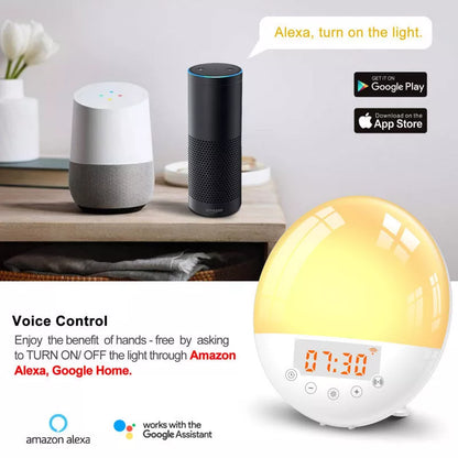 WiFi Voice Control Smart Alarm Clock with Sunrise Wake-up Light and LED Mood Lighting