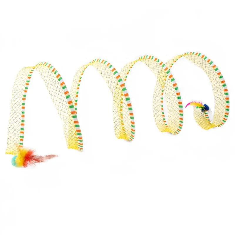 Blue and yellow collapsible cat tunnel with long pole teasing stick and feather attachments.