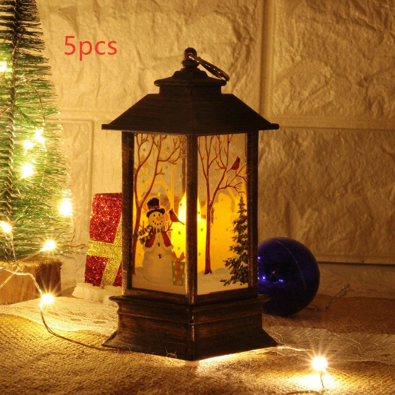 Festive LED Christmas lanterns with Santa Claus, snowman, and other holiday-themed designs