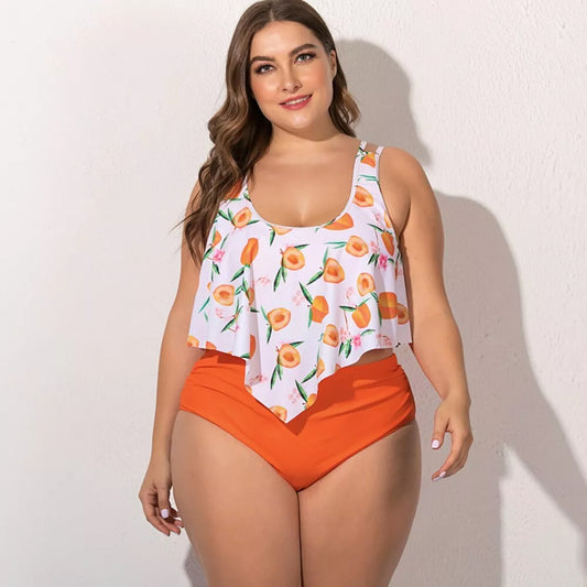 Plus size split swimsuit for women in various colors and patterns, chlorine-resistant fabric
