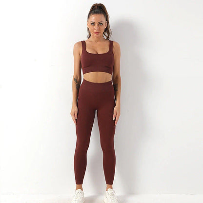 Seamless yoga set with high-waist leggings and supportive sports bra for women's fitness and activewear