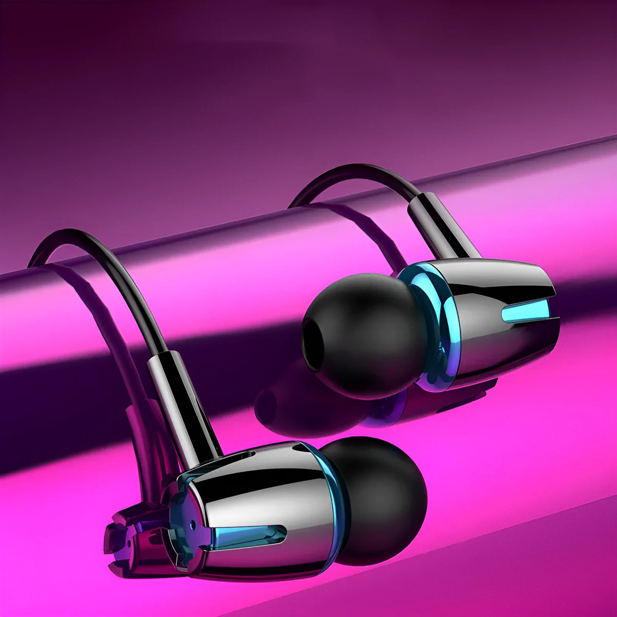 In-ear wired headphones with 120 cm cable, 108 dB sensitivity, available in black, blue, gold and rose red.