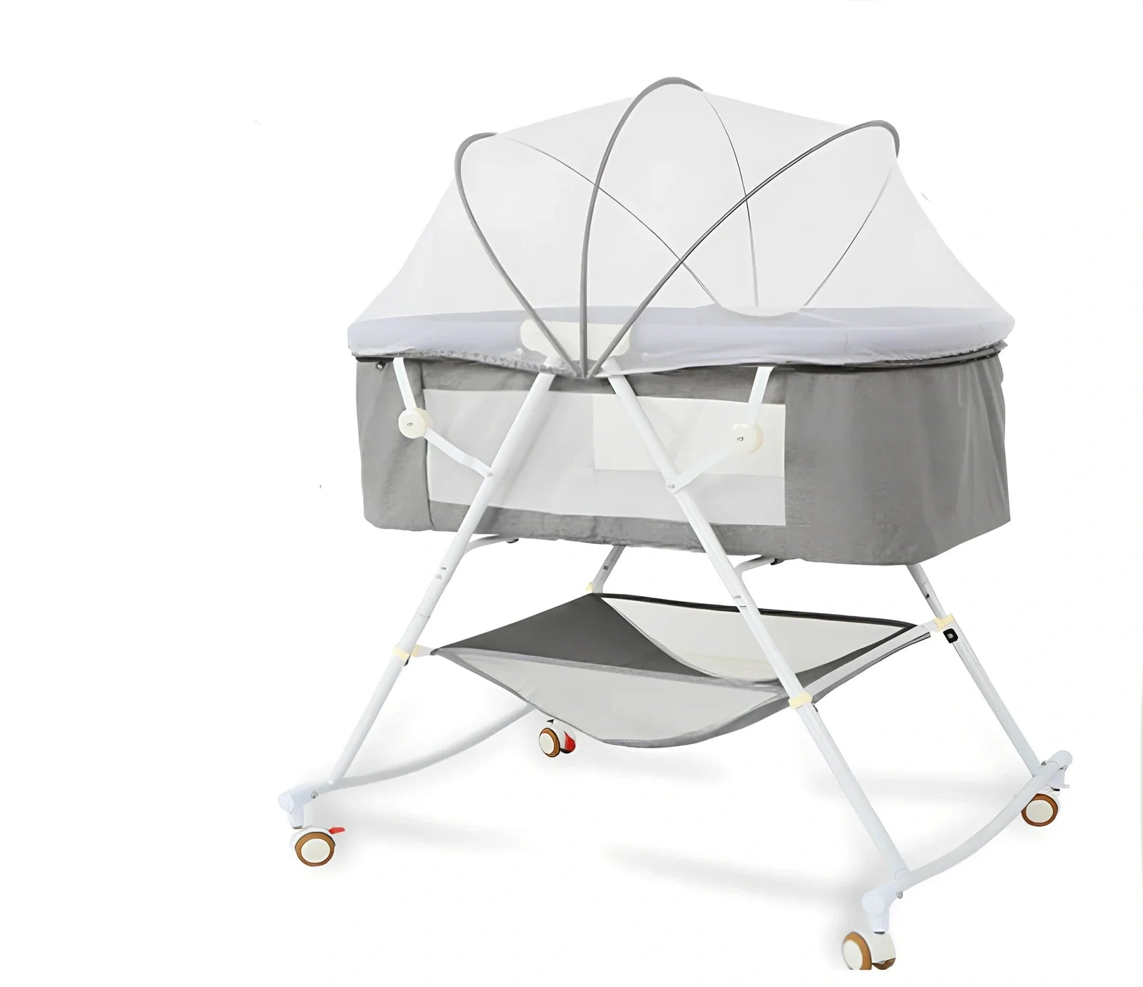 European foldable baby crib with mosquito net showing 54.5cm width and roller wheels