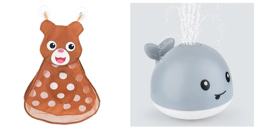 Automatic water-spraying whale bath toy with colourful lights floating in bath water.