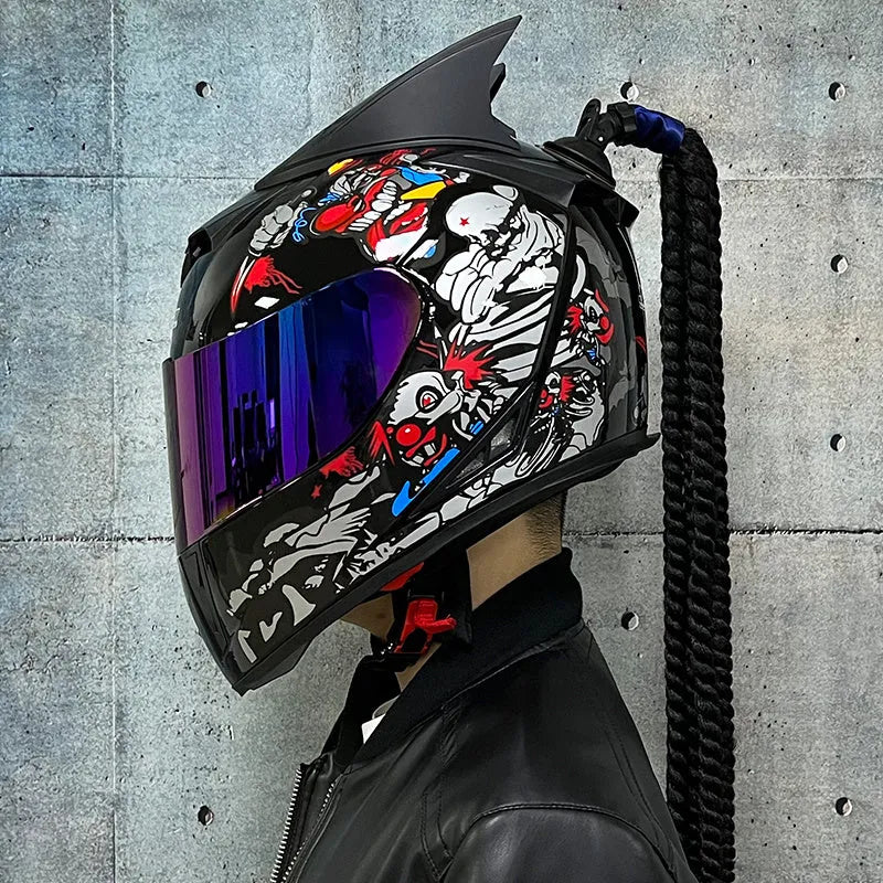 Dirty Braids motorcycle helmet with graphic design, ABS full-face construction for electric vehicles and motorcycles