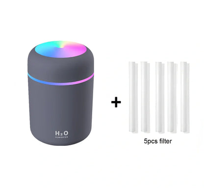 Compact USB car humidifier with colourful LED light and 300ml water tank for vehicle use