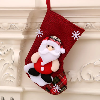 Multicolour Christmas hanging socks and gift bag with old man, snowman, deer, and bear designs