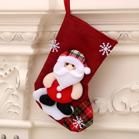 Multicolour Christmas hanging socks and gift bag with old man, snowman, deer, and bear designs