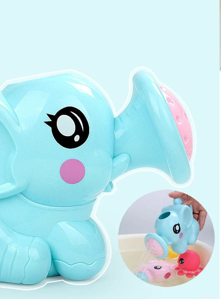 Blue plastic elephant water spray toy, 14.5cm long with handle for baby bath rinsing, smooth surface and mesh storage bag
