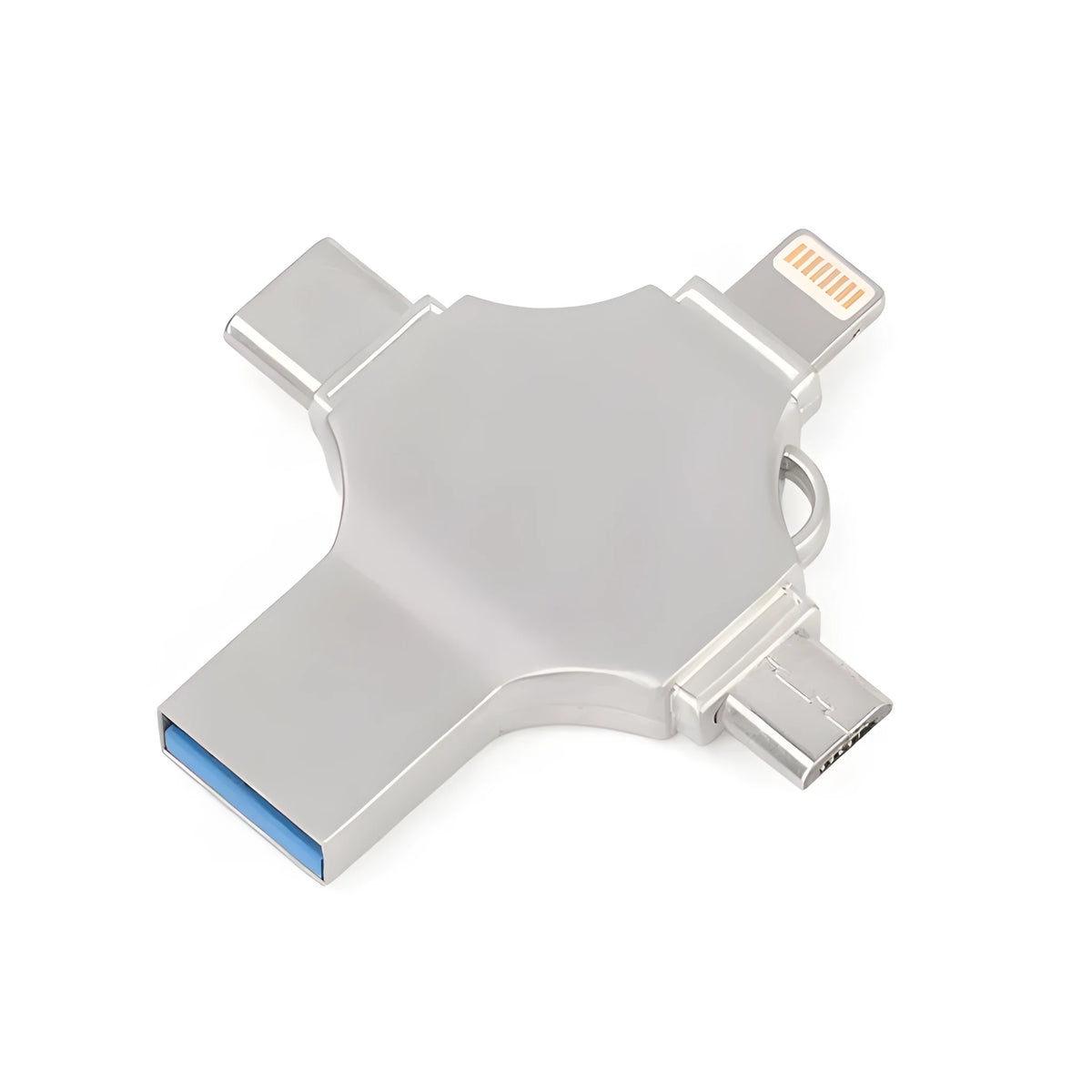Metal mobile phone U disk with 4-in-1 iOS, Micro USB, Type-C and USB 3.0 connectors, 11g, in Silver