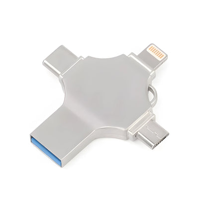 Metal mobile phone U disk with 4-in-1 iOS, Micro USB, Type-C and USB 3.0 connectors, 11g, in Silver