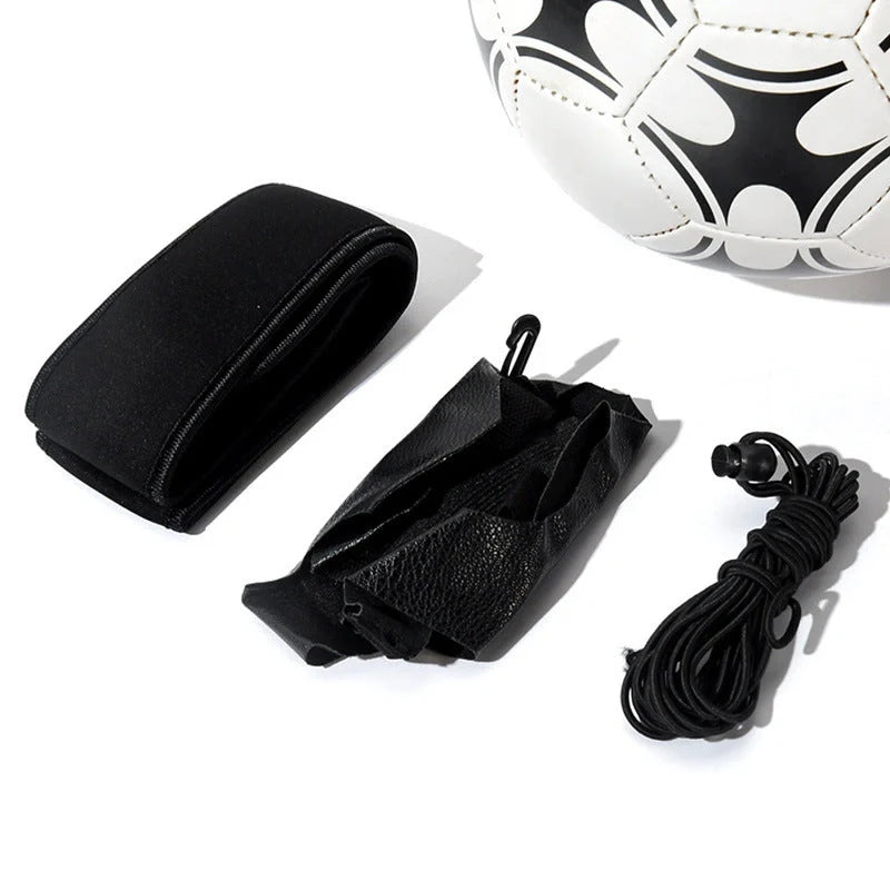 Adjustable soccer trainer with black nylon strap for shooting and ball control practice