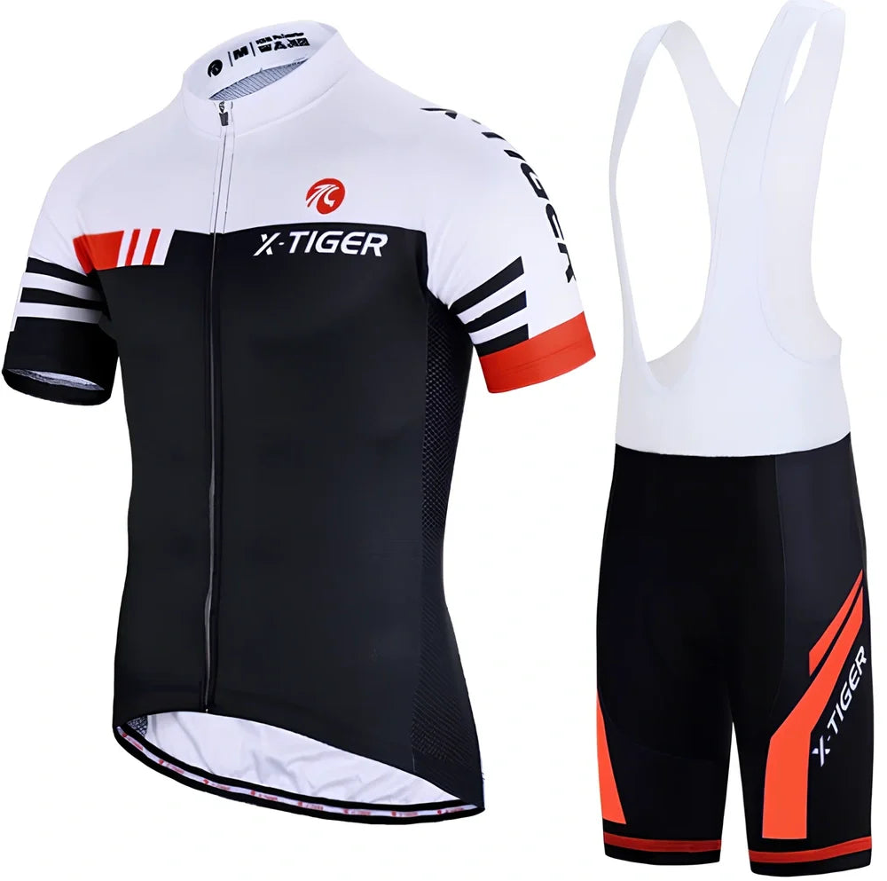 Red cycling jersey with chemical fibre blend fabric for outdoor sports, shown in cycling position