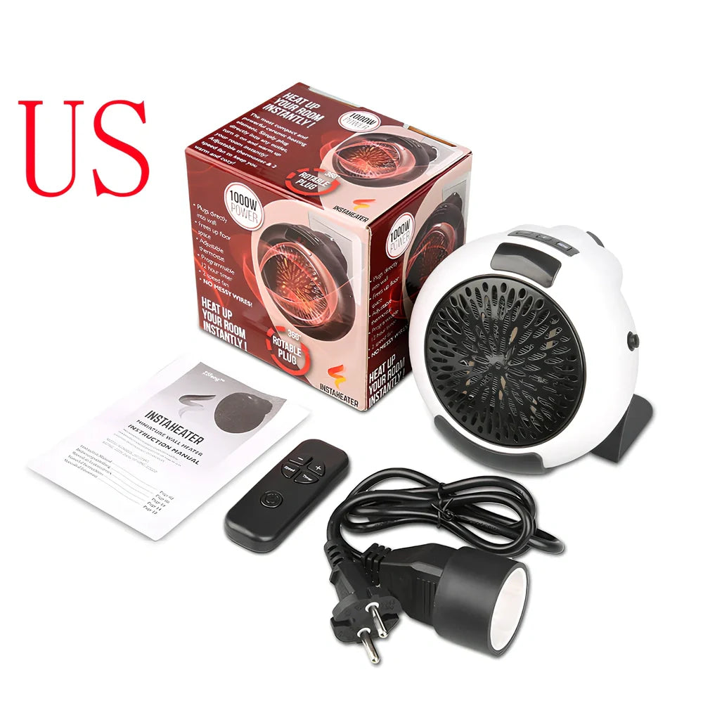 Black portable mini heater with temperature control dial showing 15-32°C range and compact design