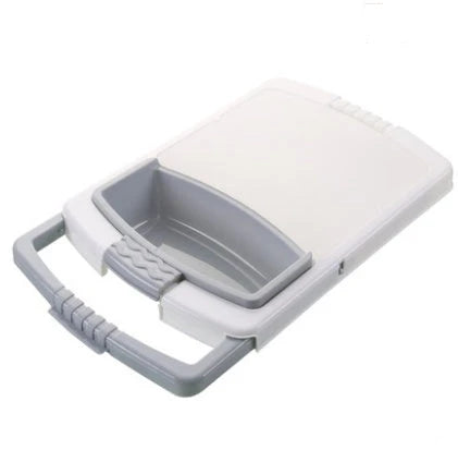 Versatile plastic cutting boards in gray, blue, and green colors with a stacking design for convenient storage