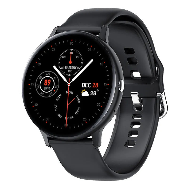Black smart bracelet watch with touch screen displaying heart rate, on a wrist.