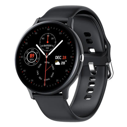 Black smart bracelet watch with touch screen displaying heart rate, on a wrist.
