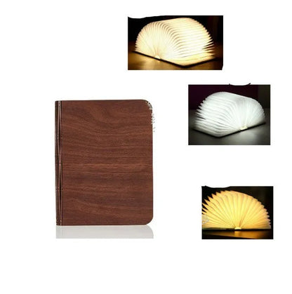 Solid wood USB book light in three sizes showing white and warm white light options.