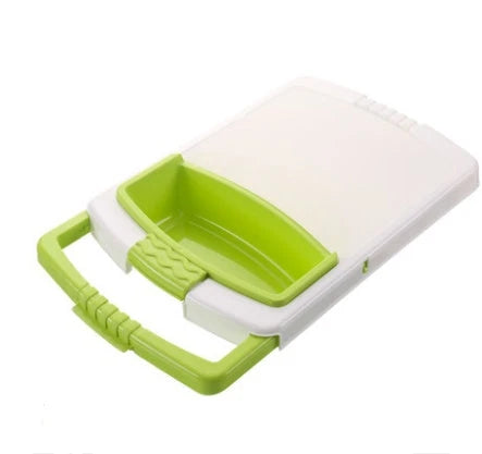 Versatile plastic cutting boards in gray, blue, and green colors with a stacking design for convenient storage