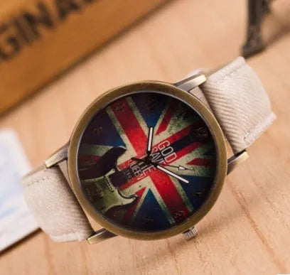 UK flag wrist watch with Union Jack dial, antique bronze finish, metal case and leather strap