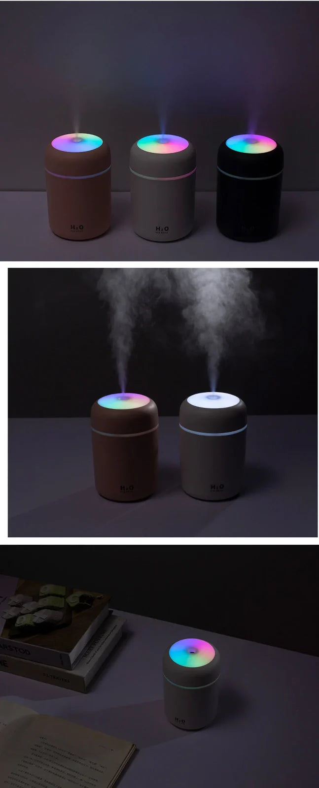 Compact USB car humidifier with colourful LED light and 300ml water tank for vehicle use