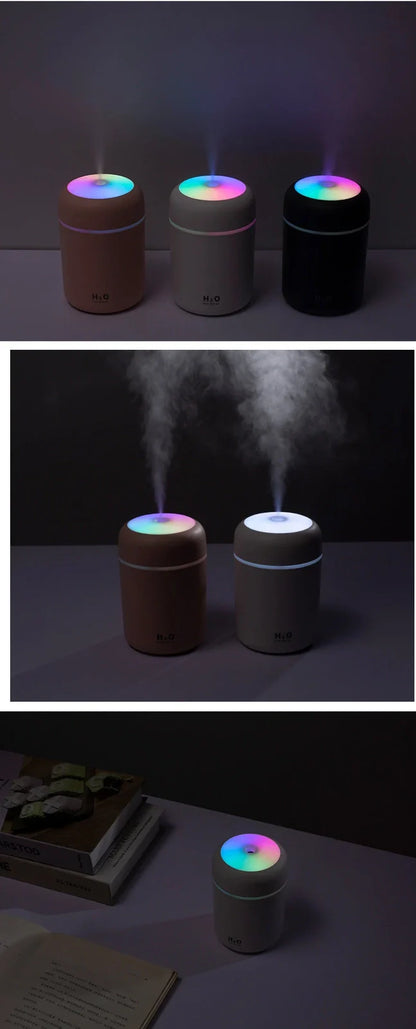 Compact USB car humidifier with colourful LED light and 300ml water tank for vehicle use