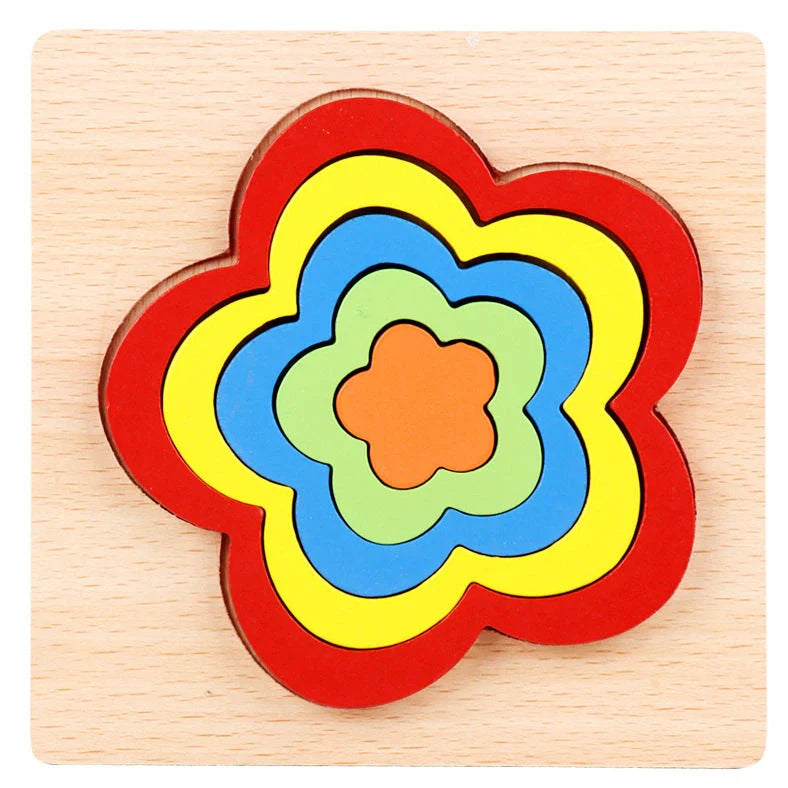 Wooden geometric puzzle with 10 shape graphics in red, yellow, blue, green, and orange colours