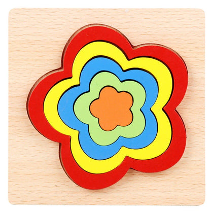 Wooden geometric puzzle with 10 shape graphics in red, yellow, blue, green, and orange colours