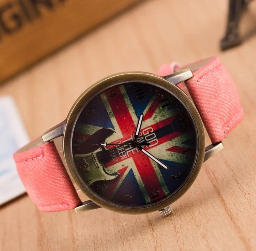 UK flag wrist watch with Union Jack dial, antique bronze finish, metal case and leather strap