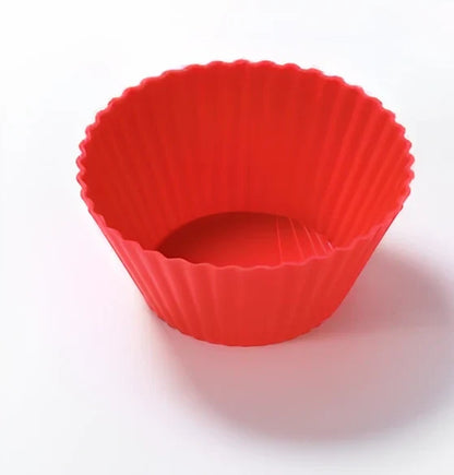 Six different coloured silicone cupcake liners showing fluted edges and nonstick surface