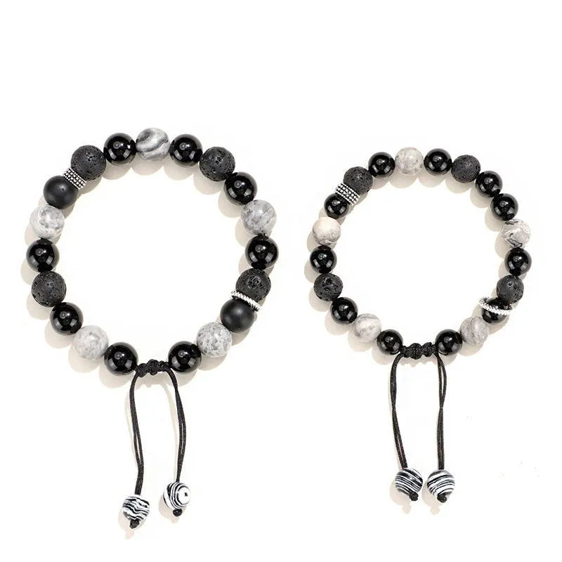 Black agate map stone men's and women's bracelet in niche volcanic rock design, featuring 8mm stones for women and 10mm stones for men with diamond-shaped new Chinese style silver-plated finish for unisex wear