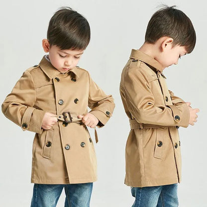 British style children's cotton jacket in khaki with long sleeves and detachable belt, sizes 100-140cm