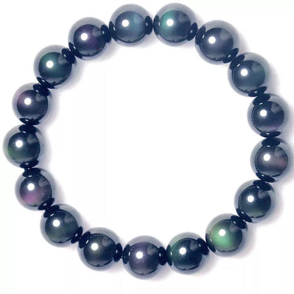 Rainbow Purple Green Eye Obsidian Bracelet with unique color blend and smooth stones