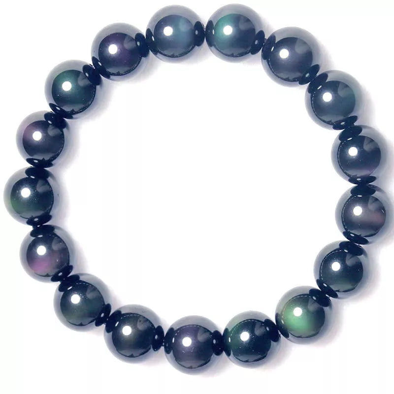 Rainbow Purple Green Eye Obsidian Bracelet with unique color blend and smooth stones