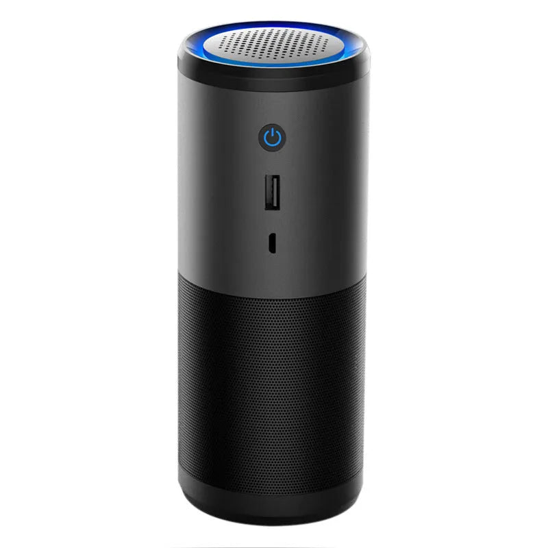 Portable mini car air purifier in black colour with smart sensor display, measuring 6.2 by 17.2 centimetres