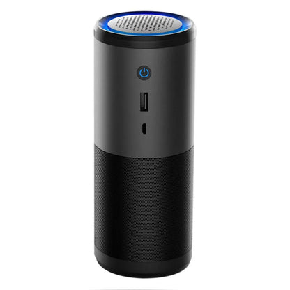 Portable mini car air purifier in black colour with smart sensor display, measuring 6.2 by 17.2 centimetres