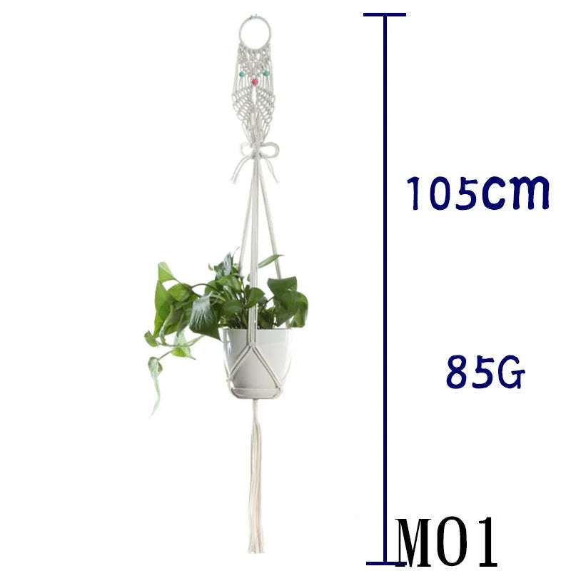 Beige cotton rope hanging basket with various styles for indoor plant display