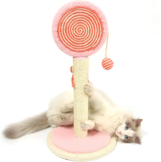 Blue cat scratching post with sisal rope and a hanging ball on a sturdy wooden base.