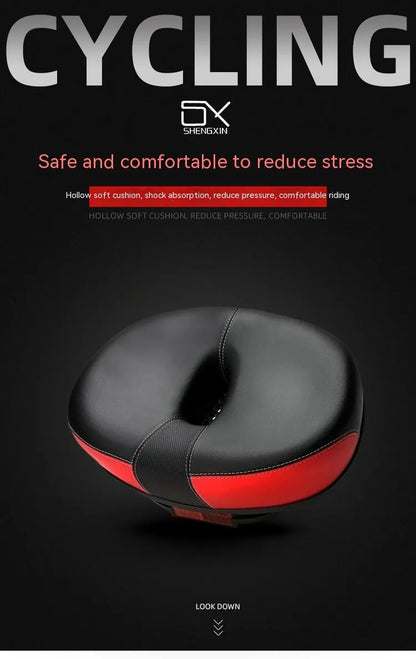 Large red plus-size thickened bicycle saddle with PU pattern and reflective sticker.