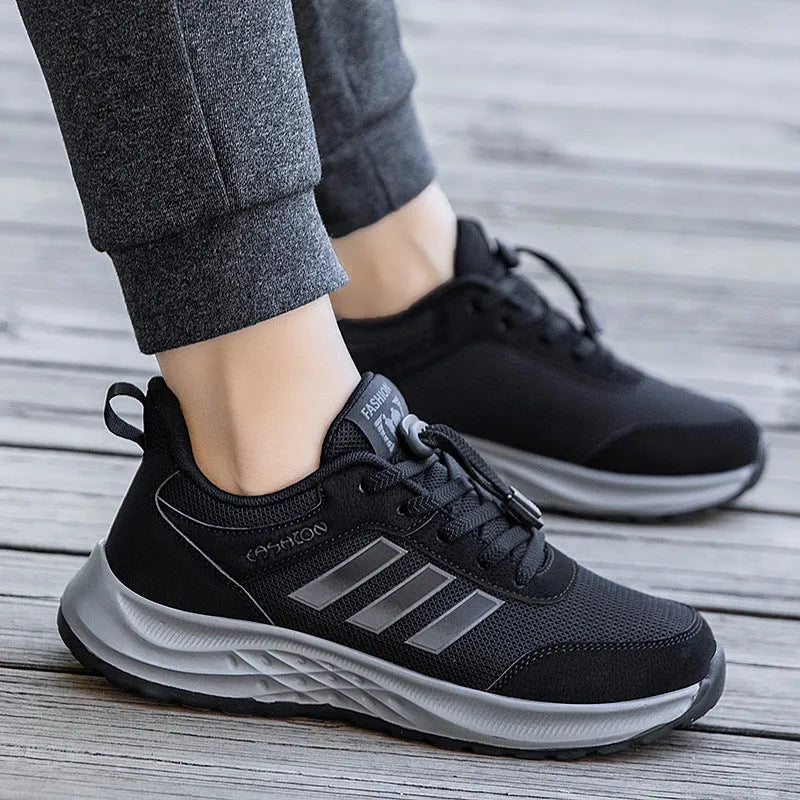 Breathable mesh slip-on mom shoes for men and women in black, dark grey, purple, and purplish red colours.