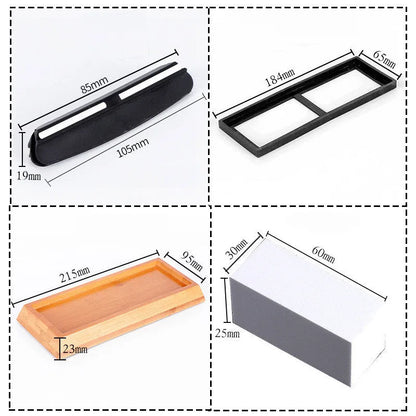 Green and white double-sided whetstone with bamboo base and sharpening accessories