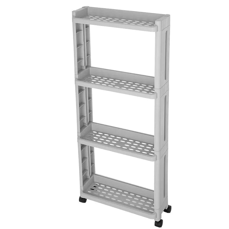 Wheeled kitchen storage rack in white and grey, offering space-saving organization with durable PP plastic construction.