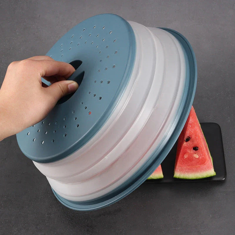 Collapsible microwave cover, colander, and fruit plate in various colors - a versatile kitchen accessory for cooking, draining, and serving