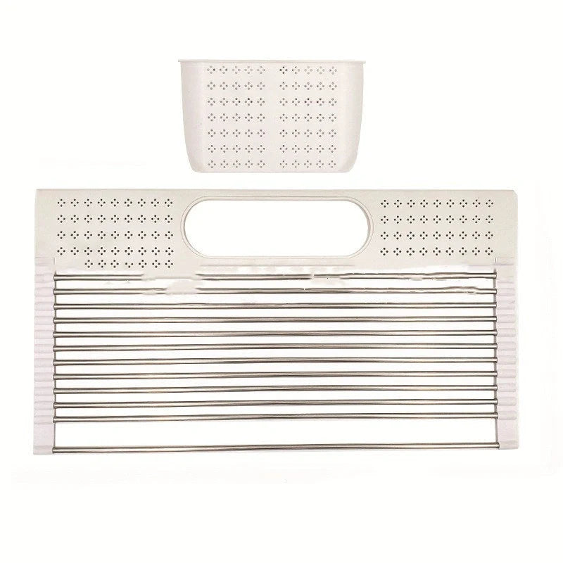 Foldable stainless steel dish rack with utensil caddy, perfect for kitchen organization