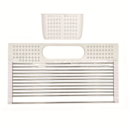 Foldable stainless steel dish rack with utensil caddy, perfect for kitchen organization