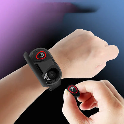 Blue, black, or red silicone smart bracelet with earphones for Android, showing 1-inch screen.