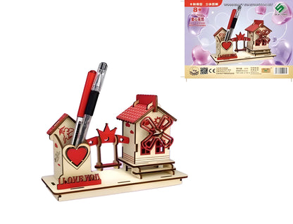Red wooden DIY pen holder 3D puzzle kit, Quadruple Laser Small 2 Board model for teenagers