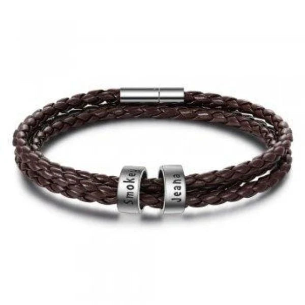 Personalized men's braided leather bracelet with stainless steel beads and custom name charm